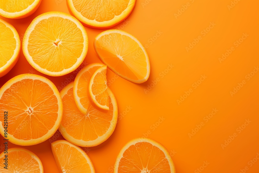 Multiple sliced oranges laid out artistically on an orange surface, enhancing its zesty appeal and vibrant energy. Multiple sliced oranges laid out artistically on an orange surface, enhancing its zesty appeal and vibrant energy.