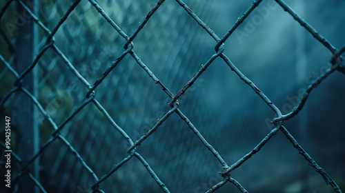 A close-up of a dark, weathered chain-link fence, with a blurred background and a moody, mysterious atmosphere. photo