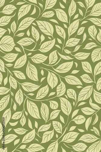 Seamless Floral Pattern With Stylized Green Leaves On A Green Background. Elegant Natural Design.
