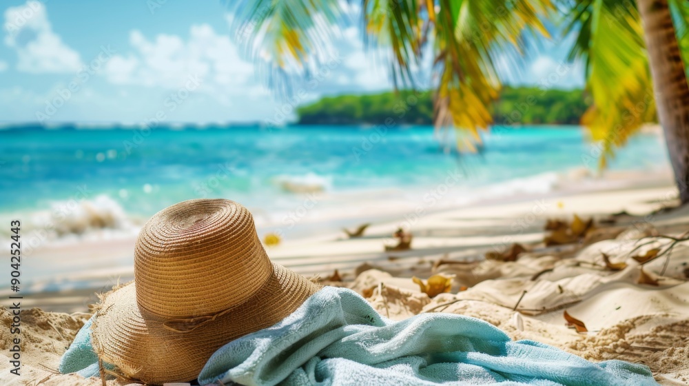 Beach accessories straw hat, towel on sunny tropical Caribbean beach with palm trees and turquoise water, caribbean island Beach accessories straw hat, towel on sunny tropical Caribbean beach with palm trees and turquoise water, caribbean island