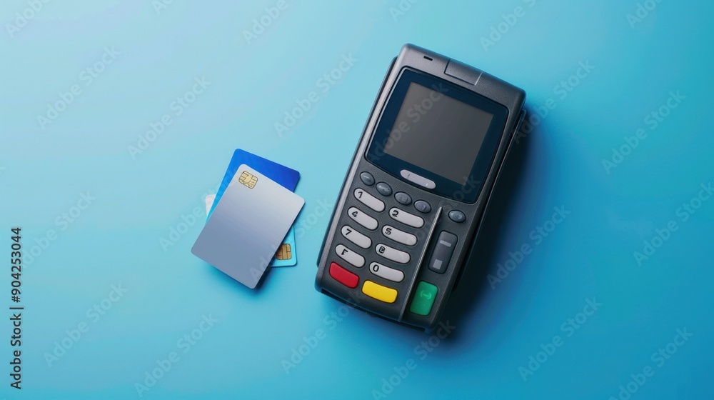 Modern payment terminal and credit cards on blue background Modern payment terminal and credit cards on blue background