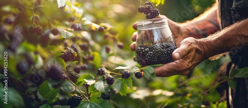 Man s hands collecting ripe blackberries into a glass jar in the forest with green leaves in the background perfect for a copy space image photo