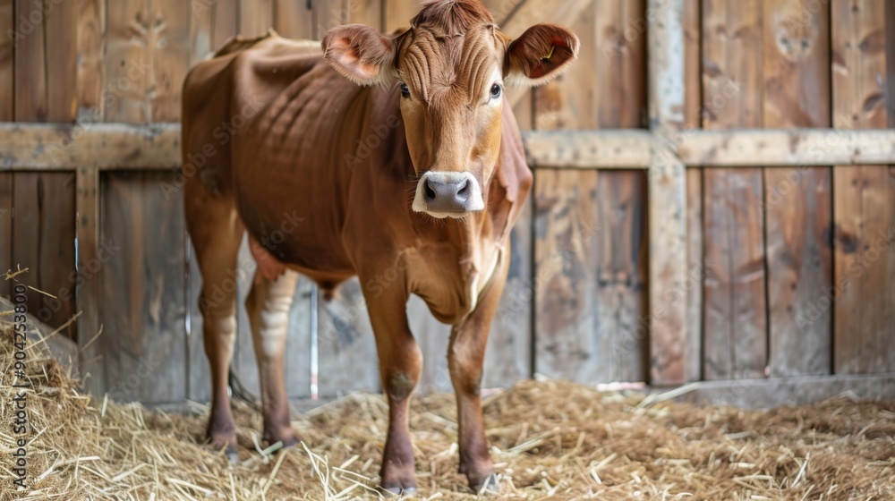 Brown cow standing indoor in wooden barn stall surrounded by hay. Domestic livestock cattle on a cowshed ranch, countryside Brown cow standing indoor in wooden barn stall surrounded by hay. Domestic livestock cattle on a cowshed ranch, countryside