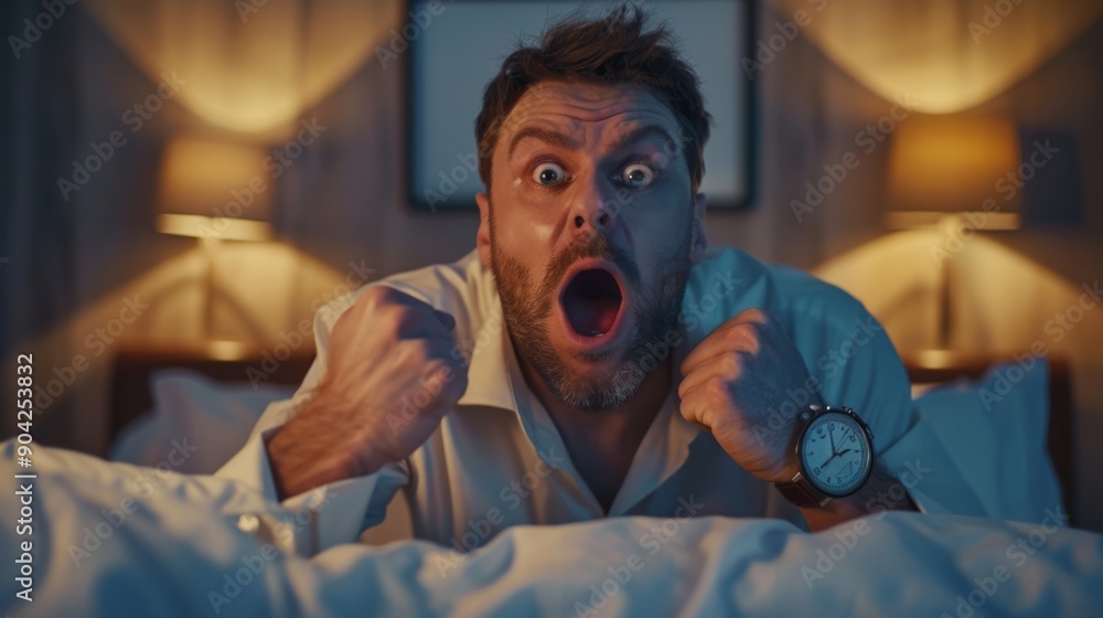 Businessman with shocked face expression and open mouth holding a classic alarm clock or watch, sitting in hotel room bed Businessman with shocked face expression and open mouth holding a classic alarm clock or watch, sitting in hotel room bed