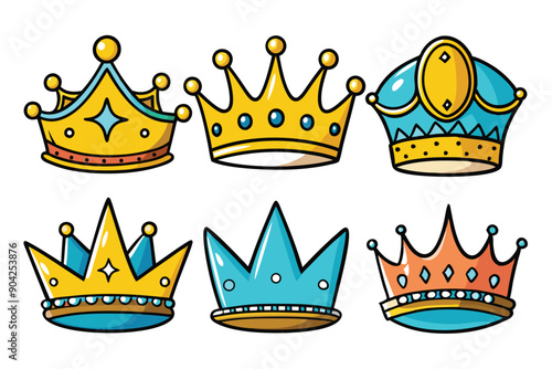 Six Colorful Cartoon Crowns with Gems and Decorations