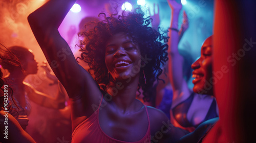 Group of Friends Dancing and Enjoying Night Out at Club Party Under Colorful Lights