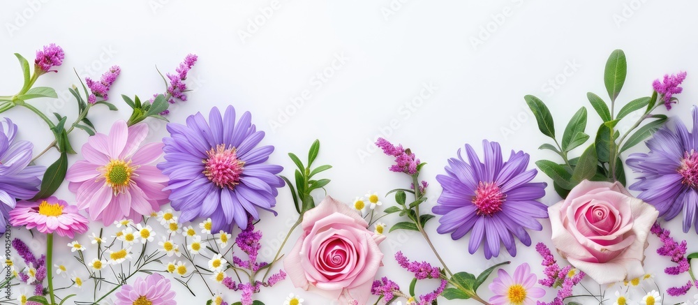 Purple aster flower jasmine and pink rose on a white background for your text quotes or design with a copy space image Purple aster flower jasmine and pink rose on a white background for your text quotes or design with a copy space image