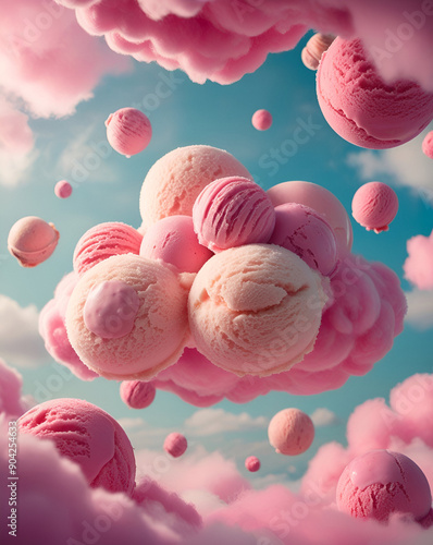The image depicts a fantastical scene where fluffy pink clouds take the shape of delicious ice cream, creating a playful and creative atmosphere. The ice cream scoops are intricately shaped to resembl