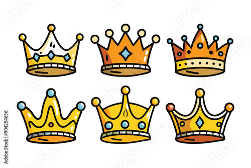 Six Cartoon-Style Gold Crowns with Various Designs