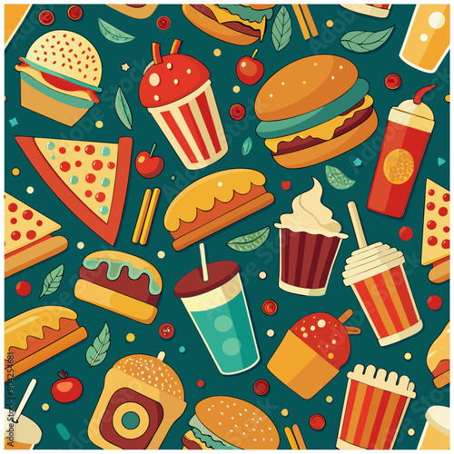 Retro cartoon fast food seamless pattern, sticker.