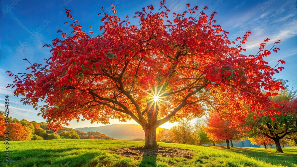 Cherry tree with vibrant red leaves illuminated by the sun , cherry, tree, glowing, sun, sunlight, red, leaves, autumn, nature Cherry tree with vibrant red leaves illuminated by the sun , cherry, tree, glowing, sun, sunlight, red, leaves, autumn, nature
