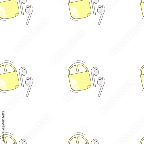 Seamless pattern for wireless headphones. Phone accessories. Music and audio technology. Airpods. Hand drawn, doodle style. Bluetooth