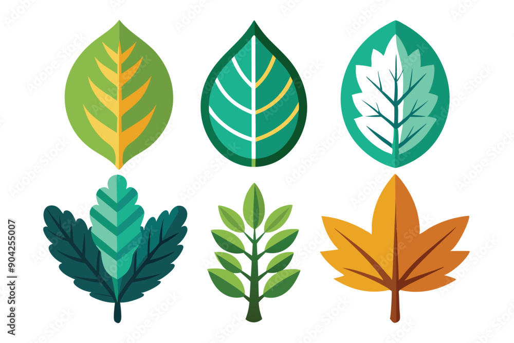 Fototapeta premium Six Flat-Style Leaf Illustrations in Green, Yellow, and Orange