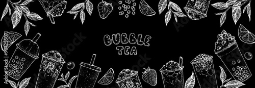 Bubble tea frame. Hand drawn vector illustration. Bubble tea sketch collection. Design template.