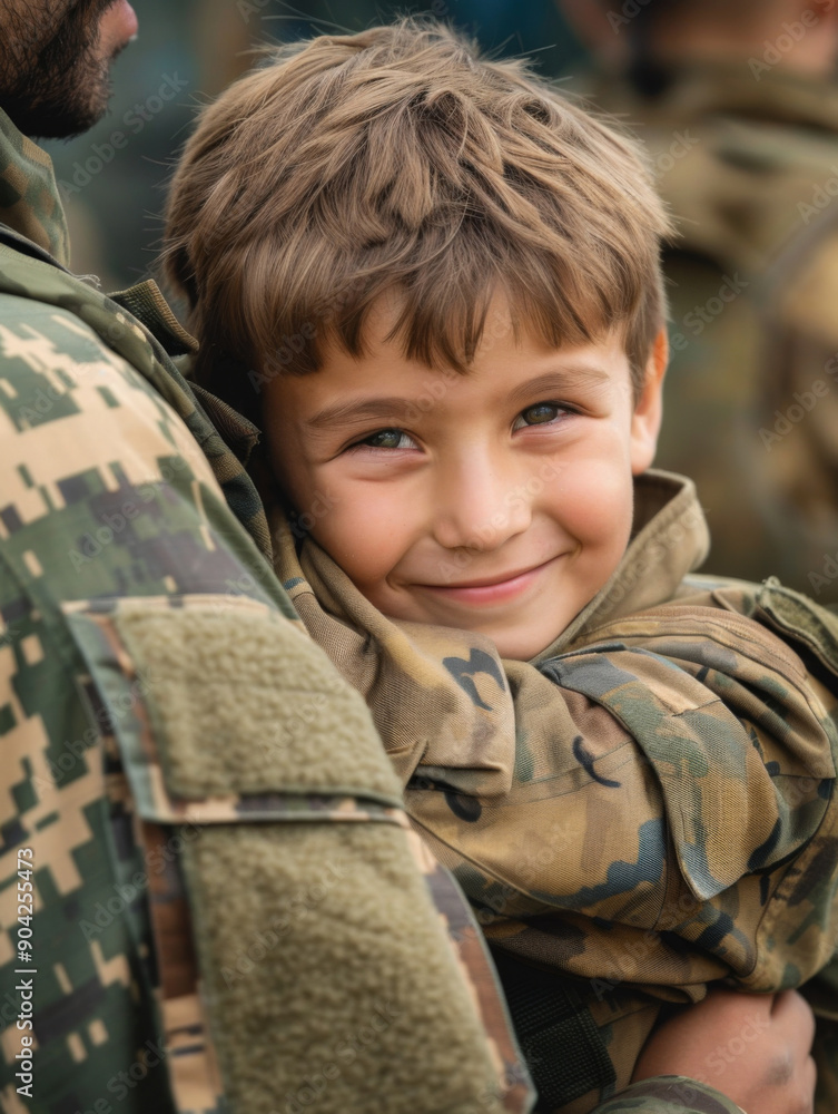 A young boy is hugging a man in a military uniform A young boy is hugging a man in a military uniform