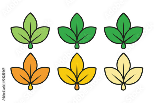 Six stylized leaves in different colors, green, orange, and yellow