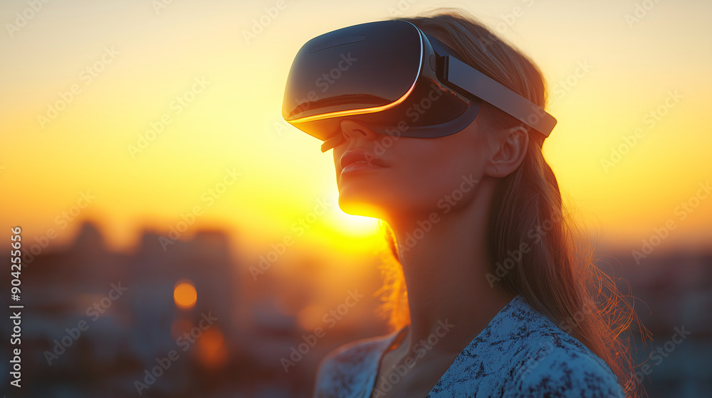 Woman using VR headset during sunset in cityscape Woman using VR headset during sunset in cityscape