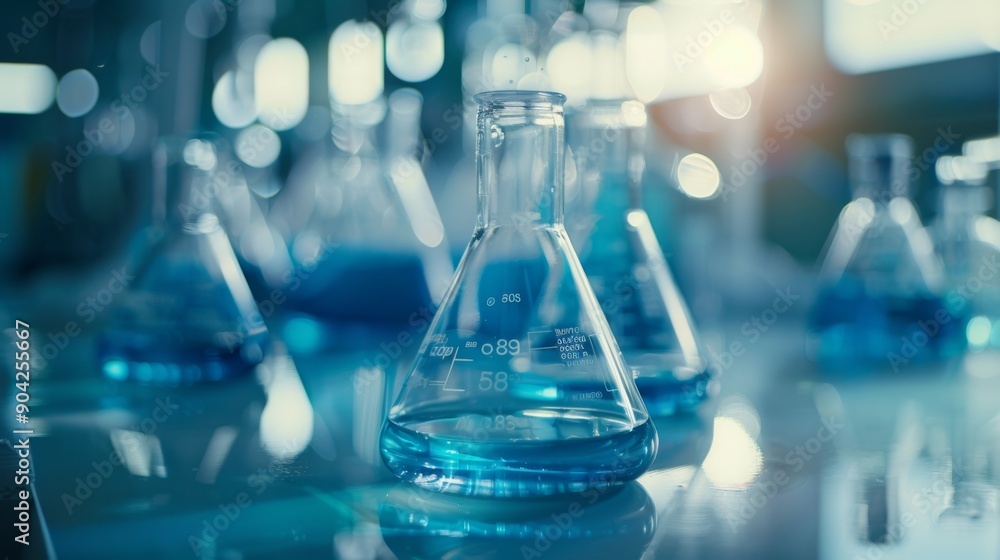 Chemistry science laboratory beaker or flask glassware with liquid. Medical research lab equipment, biochemistry or biotech Chemistry science laboratory beaker or flask glassware with liquid. Medical research lab equipment, biochemistry or biotech