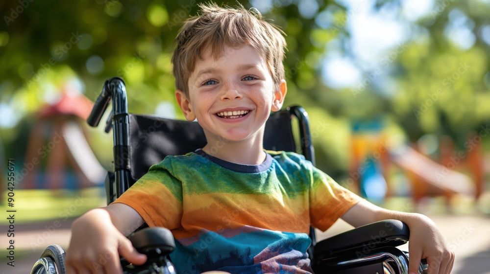 Fototapeta premium Cheerful Young Boy in Wheelchair at Park, Inclusive Playground, Joyful Childhood, Outdoor Fun