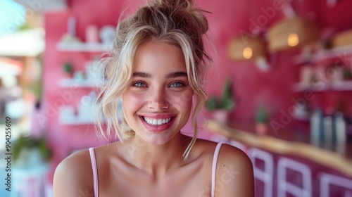 Beautiful Woman Smiling in Vibrant Pink Cafe, Radiates Happiness and Confidence