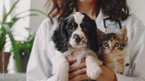 The veterinarian with puppy and kitten photo