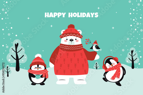 A holiday greeting card with a cute polar bear and penguins. Vector winter design.