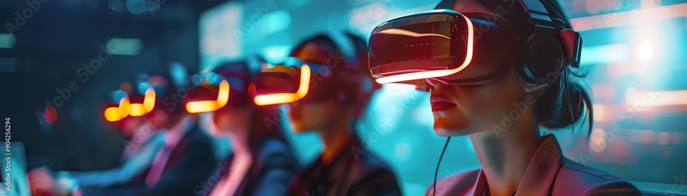 Businesspeople using VR headsets in a conference room, futuristic meeting Businesspeople using VR headsets in a conference room, futuristic meeting