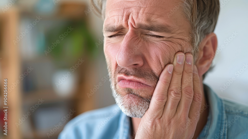 Obraz premium A man with a pained expression is holding his cheek, indicating he may be experiencing toothache or facial pain.