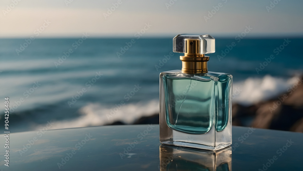 Perfume bottle stands on a mirror surface in the background, sea waves rocks perfume bottle minimalist shape soft blue and gold tones Perfume bottle stands on a mirror surface in the background, sea waves rocks perfume bottle minimalist shape soft blue and gold tones