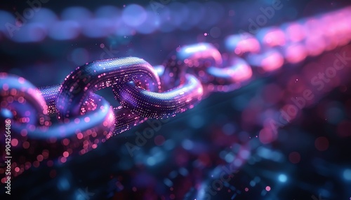 Closeup of digital blockchain links, glowing purple and blue lights, interconnected network photo