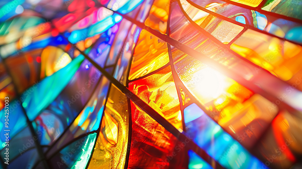 Close-up of a stained glass window with abstract, colorful patterns and light effects Close-up of a stained glass window with abstract, colorful patterns and light effects