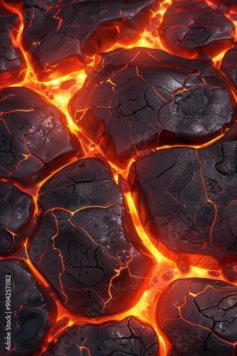 Cracked And Broken Pieces Of Volcanic Rock With Flowing Molten Lava Visible, 3D Render