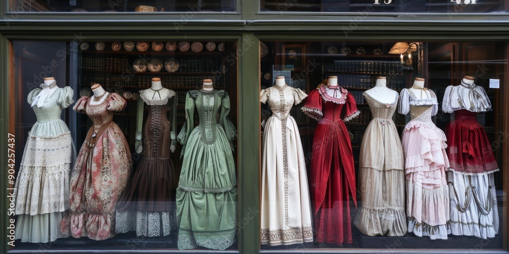 Naklejka premium Victorian era dresses on display in an antique shop window, showcasing fashion history