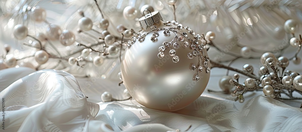 Pearl adorned Christmas ornament encircled by crystals rests on a white tablecloth with copy space image Pearl adorned Christmas ornament encircled by crystals rests on a white tablecloth with copy space image