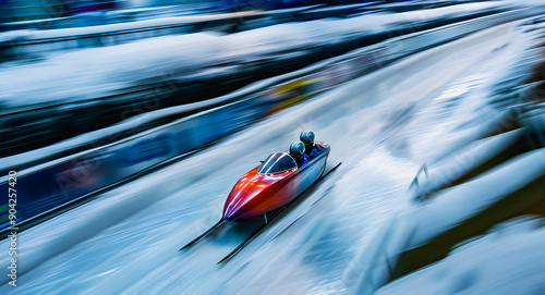 Competitors riding in bobsleighs on an ice track. A winter sport discipline that involves competitors riding down a special sleigh on an artificial ice track. Winter Olympic Games. Bobsleigh
