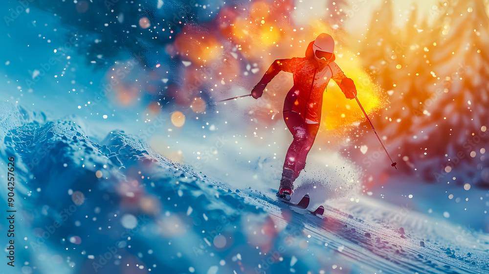 Naklejka premium Winter Olympic Games 2026 in Milan and Cortina d'Ampezzo.Biathlon. Winter biathlon combined with shooting. Abstract illustration silhouette of a biathlete on skis with a rifle. In the sun's rays