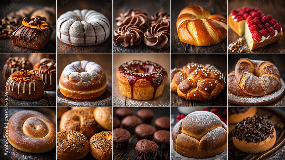Assorted pastries and baked goods arranged in a grid, showcasing a variety of delicious treats, each with unique textures and toppings. Assorted pastries and baked goods arranged in a grid, showcasing a variety of delicious treats, each with unique textures and toppings.