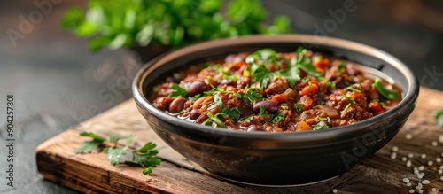 A vegan dip resembling liver sausage made from kidney beans tofu onion and herbs served in a bowl on a kitchen board with parsley garnish featuring a copy space image focused shot