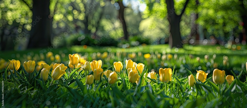 Obraz premium In the park there are bright yellow tulips surrounded by lush greenery creating a picturesque scene with copy space image