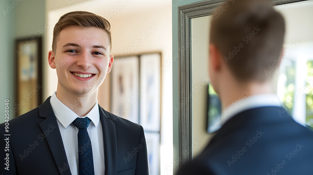 Young Professional Preparing Interview Skills: Formal Attire Practice in Front of a Mirror within a Modern, Organized Living Space Young Professional Preparing Interview Skills: Formal Attire Practice in Front of a Mirror within a Modern, Organized Living Space
