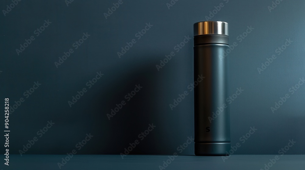 A streamlined metal thermos stands against a dark background, designed to maintain beverage temperature for an extended period A streamlined metal thermos stands against a dark background, designed to maintain beverage temperature for an extended period