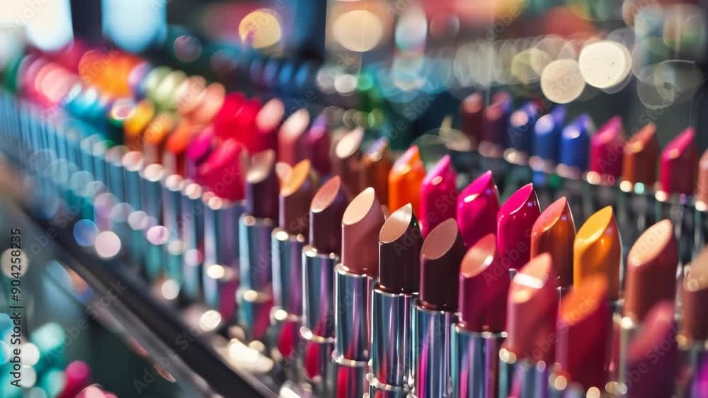 Row of colorful lipsticks displayed in a cosmetic store with a variety of shades Row of colorful lipsticks displayed in a cosmetic store with a variety of shades