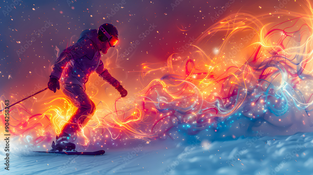 Abstract illustration of a skier going down a slope on skis with poles. Downhill skiing. Sport discipline. Winter sport discipline. Winter Olympic Games Abstract illustration of a skier going down a slope on skis with poles. Downhill skiing. Sport discipline. Winter sport discipline. Winter Olympic Games