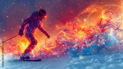 Abstract illustration of a skier going down a slope on skis with poles. Downhill skiing. Sport discipline. Winter sport discipline. Winter Olympic Games