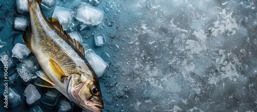 Top view of fresh seabass fish on ice against a blue background featuring a copy space image photo