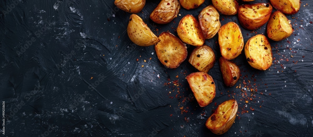 Crispy potatoes cooked in seasoned oil against a dark backdrop seen from above with room for text or other elements in the frame. Copy space image. Place for adding text and design Crispy potatoes cooked in seasoned oil against a dark backdrop seen from above with room for text or other elements in the frame. Copy space image. Place for adding text and design
