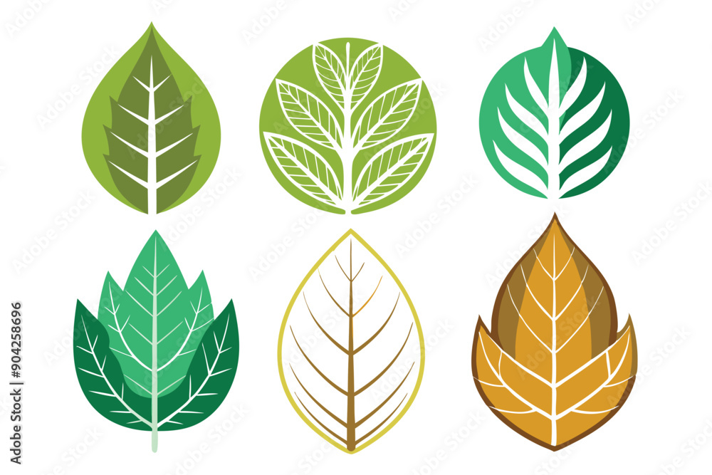 Six Stylized Leaf Shapes in Green and Brown Hues Six Stylized Leaf Shapes in Green and Brown Hues