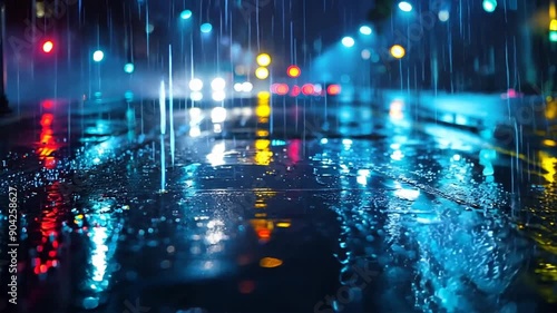 dark, rainy night with reflections of streetlights on wet pavement