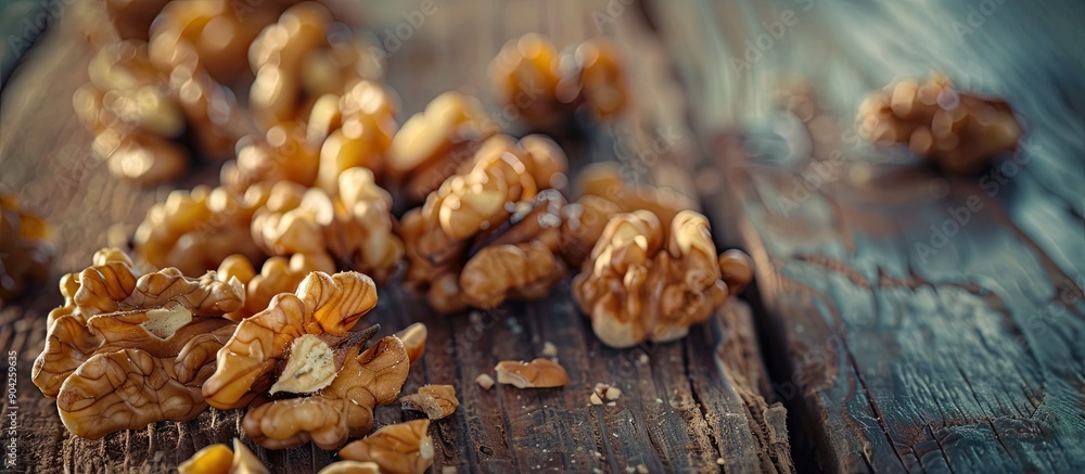 Obraz premium Close up of peeled walnut kernels on a wooden backdrop with selective focus featuring a tinted copy space image