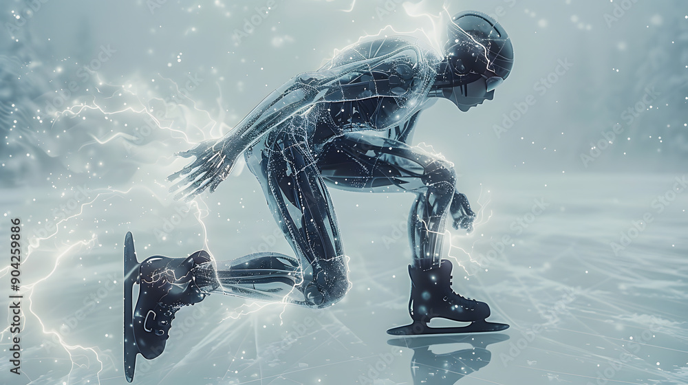 Fototapeta premium Figure skater silhouette during a run on the ice. Figure skating. Winter Olympics in 2026 in Italy. Winter Olympic Games in Milan and Cortina d'Ampezzo